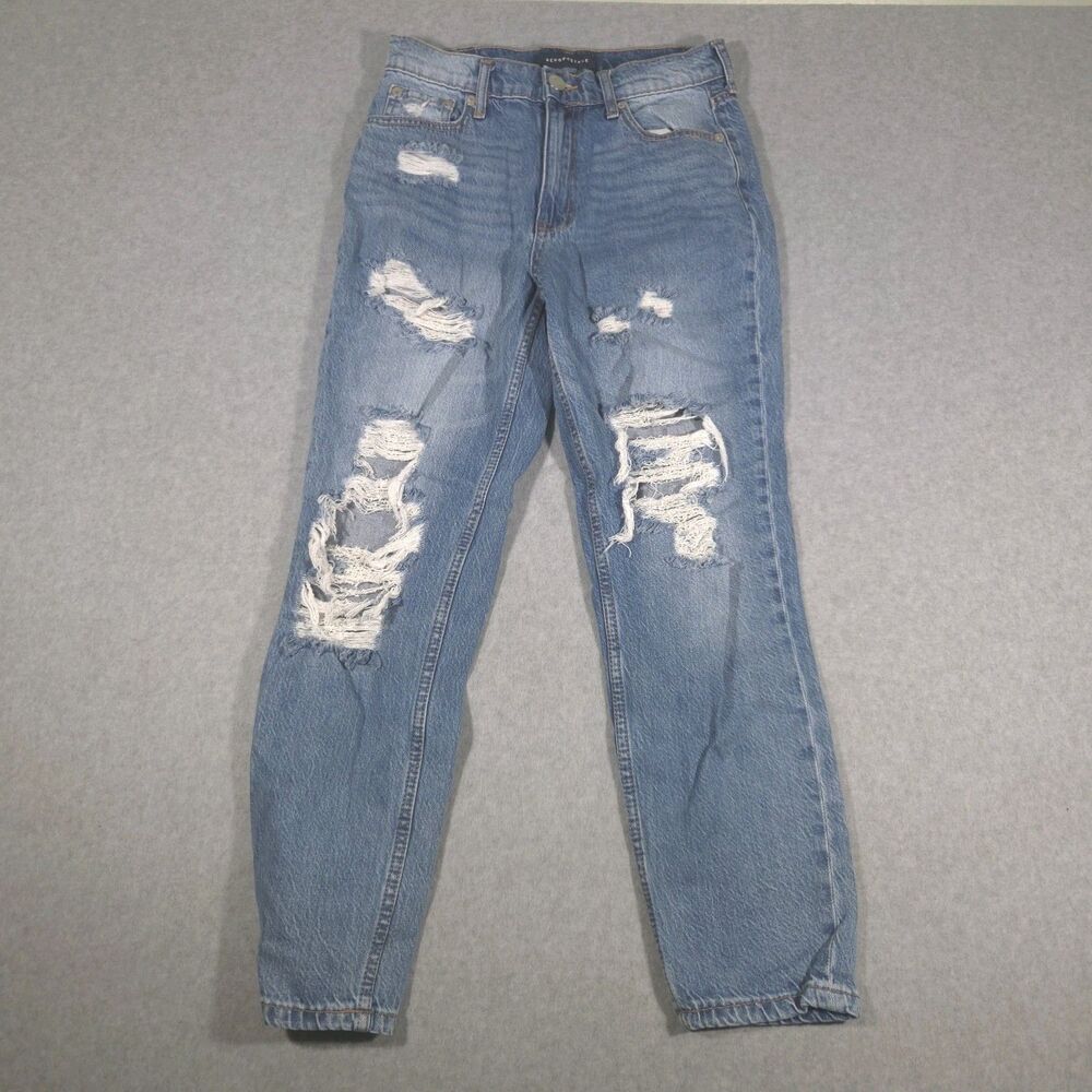 Aeropostale Mom Jeans Womens Size 4 Blue Distressed Ripped 100% Cotton Denim